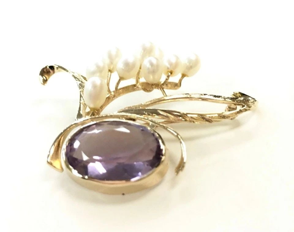 14K YELLOW GOLD BROOCH WITH AMETHYST AND PEARL 9.7 GRAMS (1 of 2)
