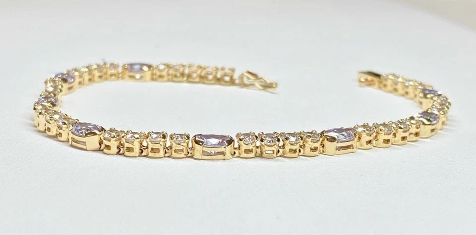 14K GOLD BRACELET, WHITE & LAVENDER CUBIC ZIRCONIA STONES (7.25 INCH) 8.8 GRAMS (1 of 2)