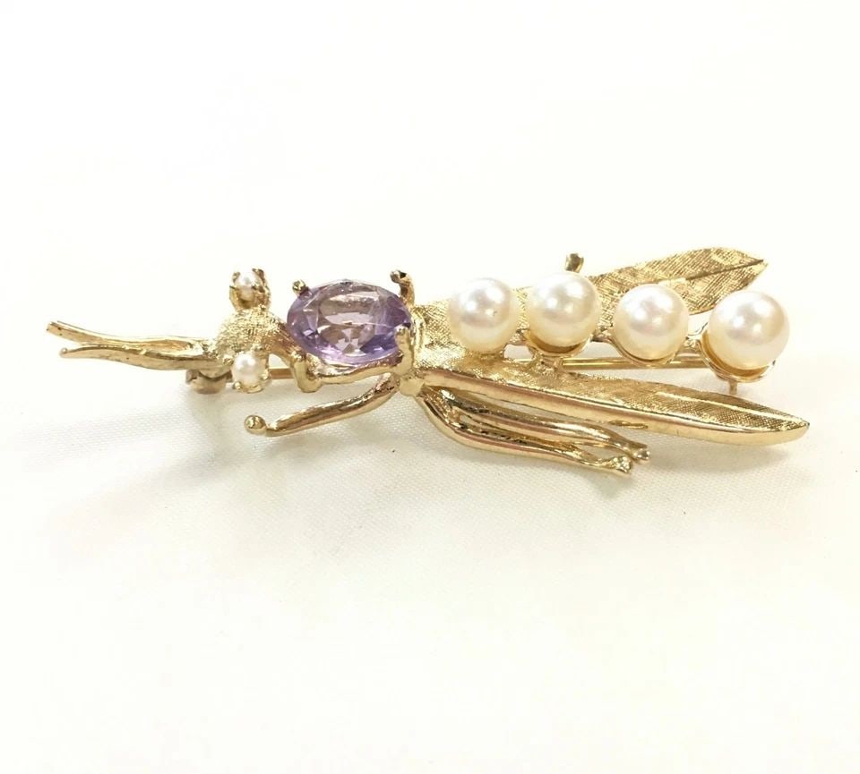 14K BUG BROOCH WITH 8MM NATURAL AMETHYST AND SIX PEARLS 7.5G (1 of 2)