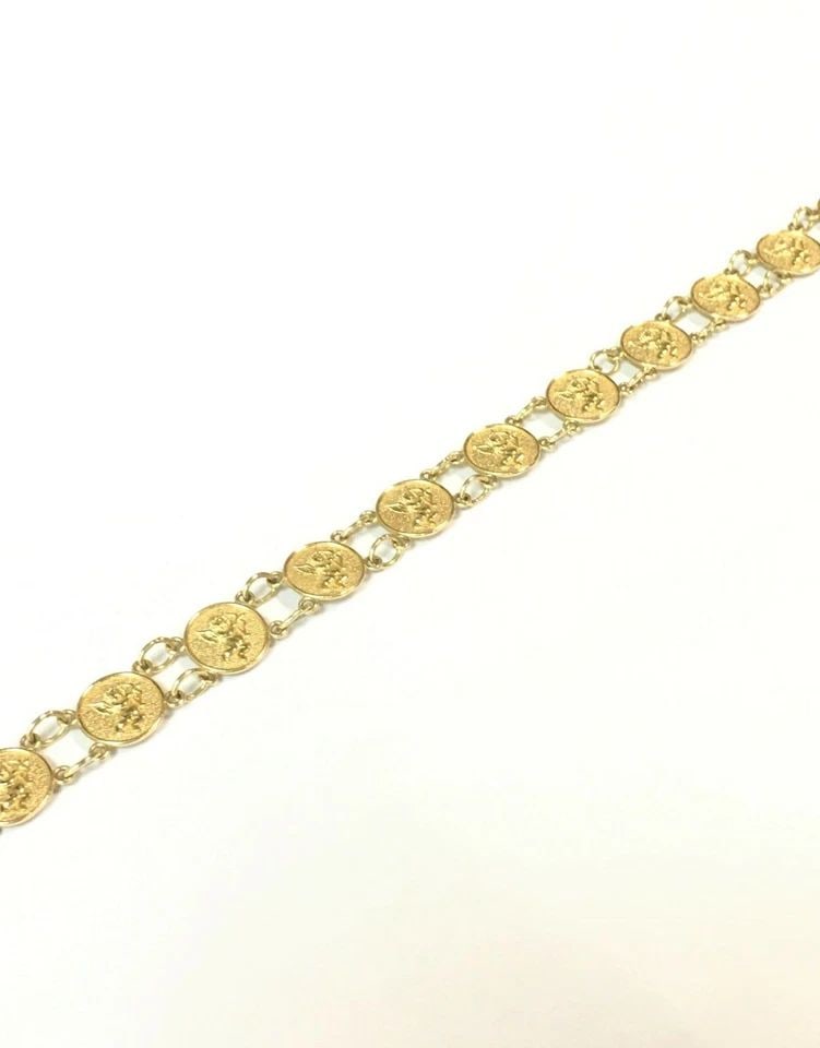 14K YELLOW GOLD ROUND ANGEL LINKED BRACELET ( 7.5 INCH ) 8.5G: 14K YELLOW GOLD ROUND ANGEL LINK STYLE BRACELET (7.5" INCH LONG) 14k Yellow Gold Round Angel link Style Bracelet You are bidding on a pre-owned 14k Yellow Gold Round Angel link Style Bracelet. The bra