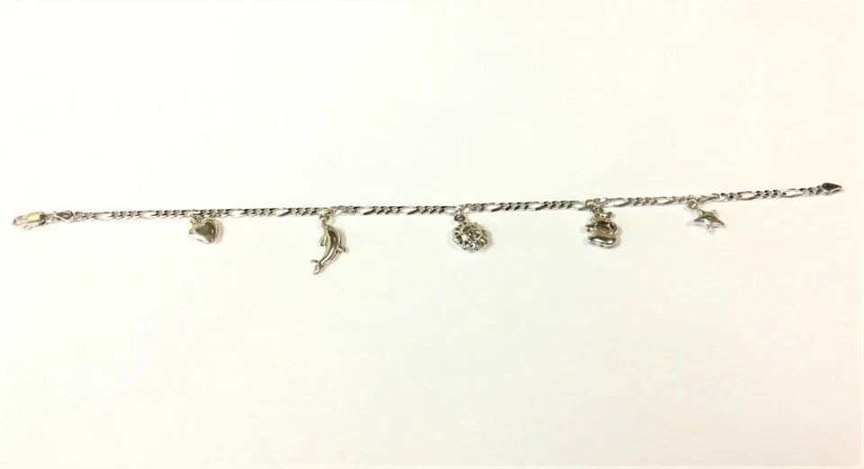 14K WHITE GOLD WOMAN'S ANKLET WITH MULTIPLE CHARMS ( 9 INCH ) 7.1G: 14K WHITE GOLD WOMAN'S ANKLET WITH MULTIPLE CHARMS 9 INCHES 14k White Gold Woman's Anklet with Multiple Charms 9inches You are bidding on a pre-owned 14k White Gold Woman's Anklet with Multiple Charms