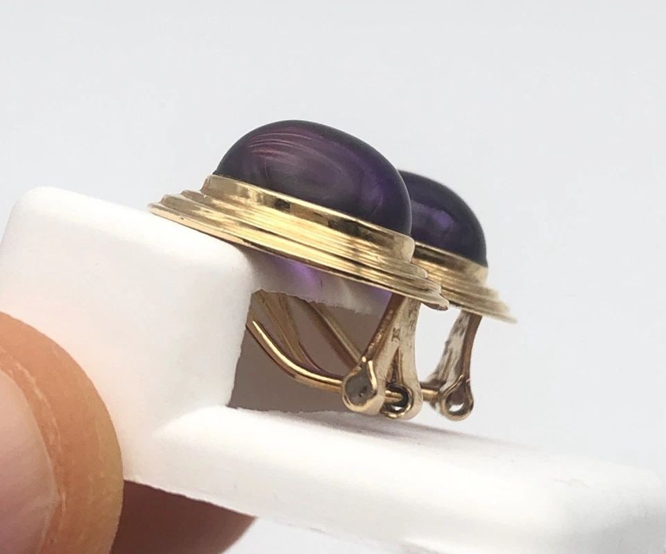 14K YELLOW GOLD OVAL SHAPED EARRINGS SET WITH OVAL CABOCHON AMETHYST 7.4G (1 of 2)