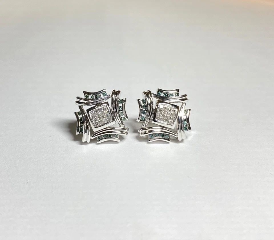 14K WHITE GOLD SQUARE EARRINGS WITH 0.50CTS OF BLUE & WHITE DIAMONDS 6.6G (1 of 2)