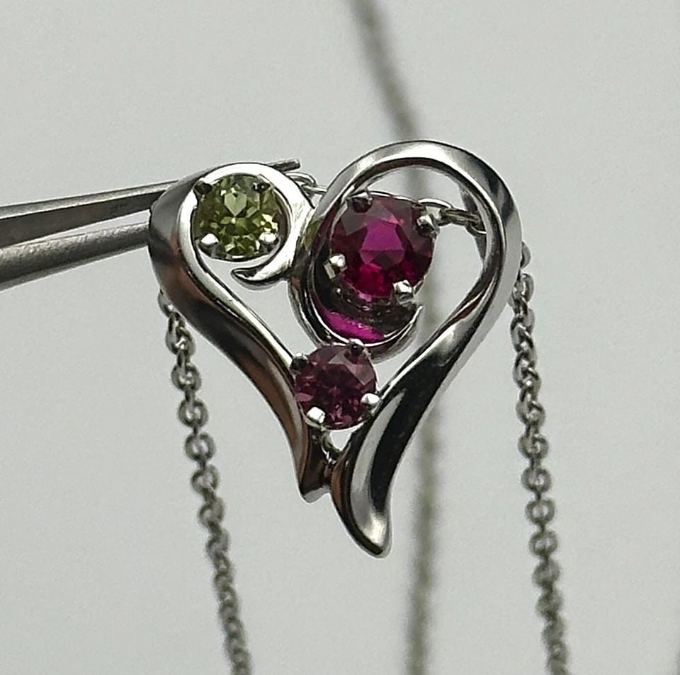 14K WHITE GOLD CHAIN & HEART PENDANT, PERIDOT, RUBY, PINK TOURMALINE ( 16" ) 5G (1 of 2)