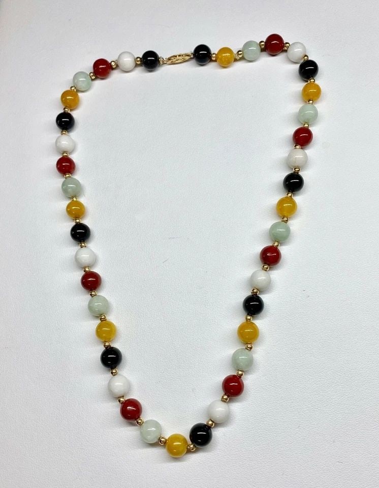 GENUINE MULTI-COLORED JADE NECKLACE WITH 14K GOLD BEADS ( 17 INCH ) 34.7G: Genuine Multi-Colored Jade Necklace with 14k Gold Beads You are bidding on a pre-owned 14k gold and Multi Color Genuine Jade Necklace 17". The necklace has minor scuffs and scratches from normal wear 