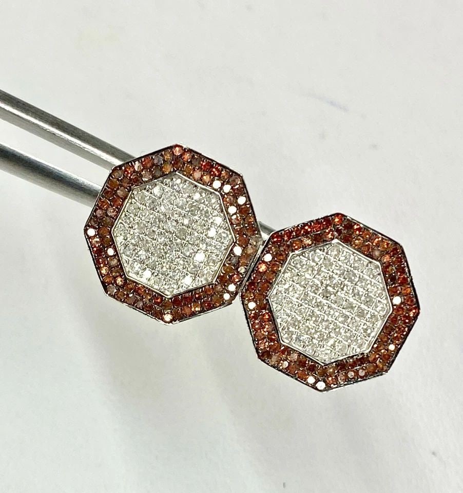 10K WHITE GOLD EARRINGS WITH 1.15CTW ORANGE/RED AND WHITE DIAMONDS 2.8 GRAM (1 of 2)