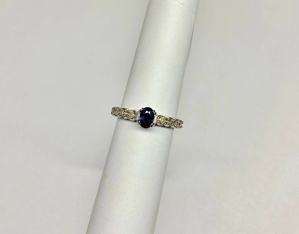 NEW 14K WHITE GOLD RING WITH 0.57CT SAPPHIRE AND DIAMOND (SIZE 6.75) 3.6 GRAM (1 of 2)