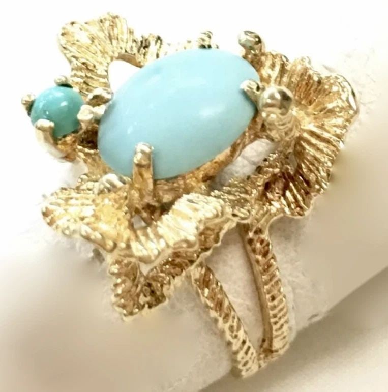 14K GOLD OCEAN CORAL THEMED RING WITH NATURAL TURQUOISE (SIZE 5) 5.2 GRAM (1 of 2)