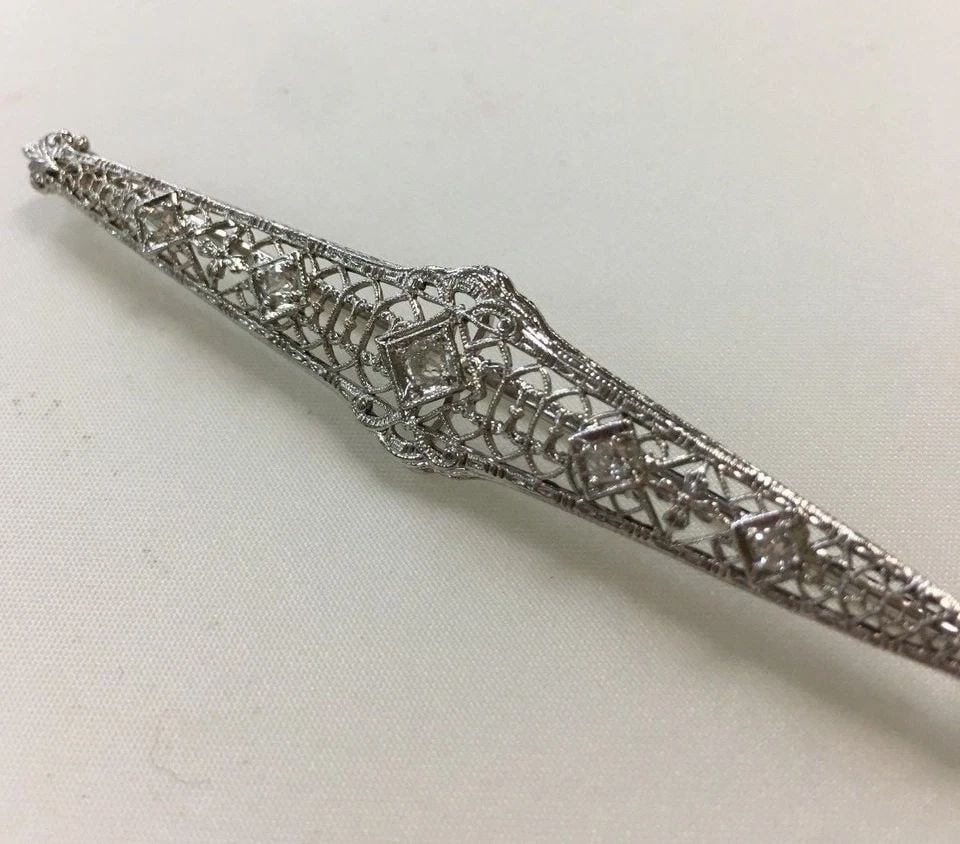 14K WHITE GOLD FILIGREE STYLE PIN / BROOCH WITH 0.25CTW DIAMONDS 4.4 GRAMS (1 of 2)