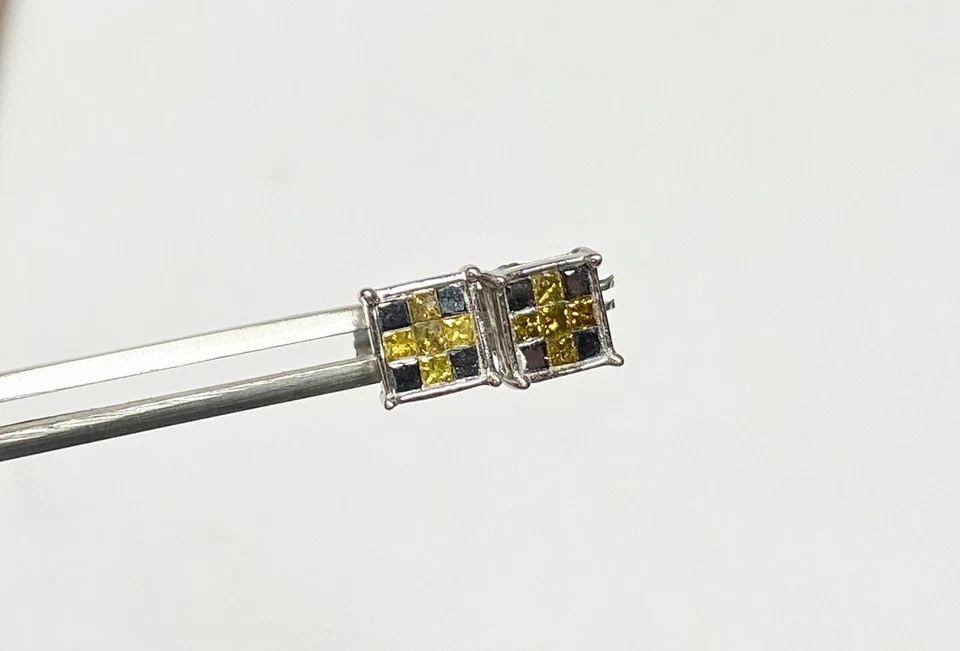 14K WHITE GOLD EARRINGS WITH 1.9CTS OF YELLOW AND BLACK DIAMONDS 1.9G (1 of 2)