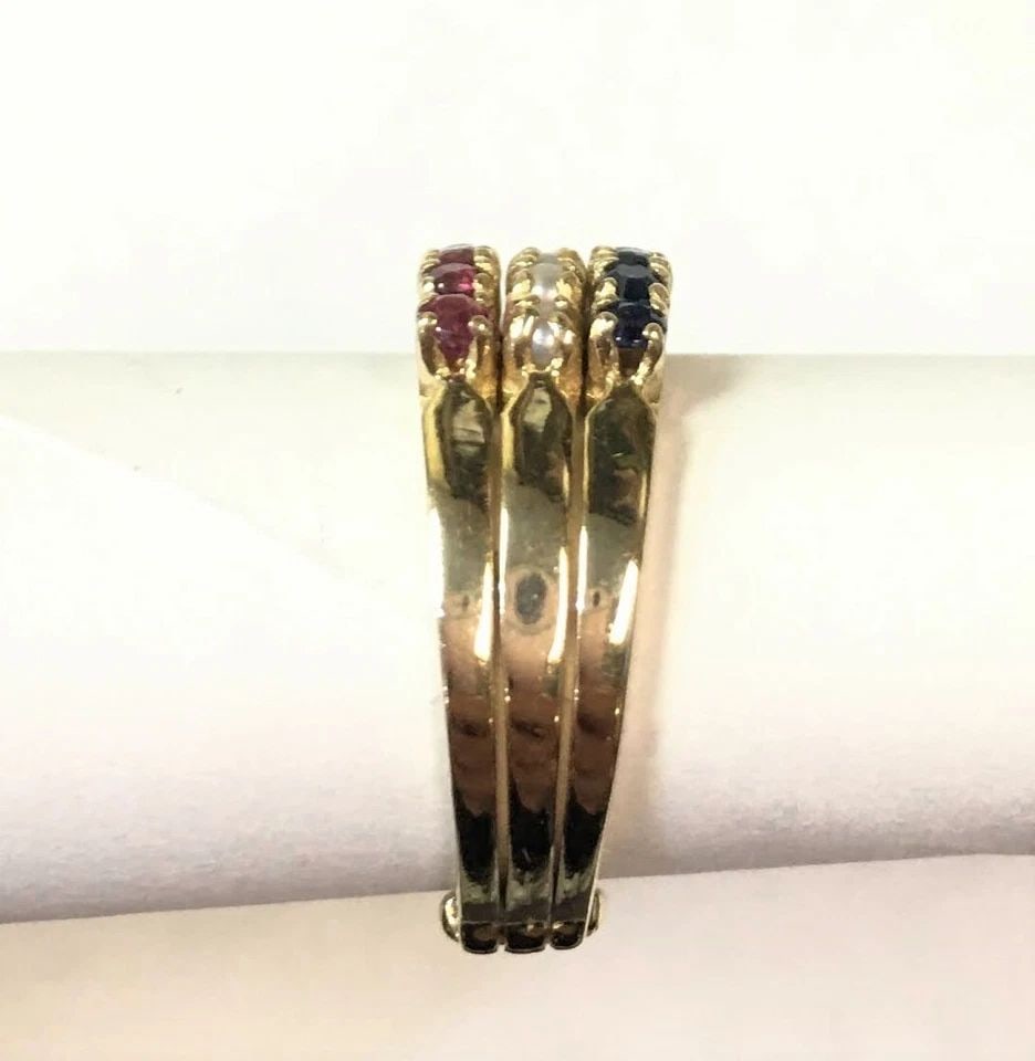 14K YELLOW GOLD 3 ROW RING SET WITH RUBIES, PEARLS, SAPPHIRE (SIZE: 6) 4.8 GRAMS: 14K YELLOW GOLD 3 BAND STYLE RING SET WITH RUBIES, PEARLS, SAPPHIRE (SIZE: 6) 14k Yellow Gold 3 band style Ring Set with Rubies, Pearls, Sapphire You are bidding on a 14k Yellow Gold 3 band style Ring
