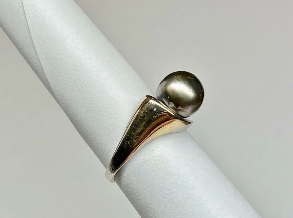 14K WHITE GOLD RING, 9MM BLACK TAHITIAN PEARL, 0.02CTS DIAMOND (SIZE 7) 4.4 GRAM (1 of 2)