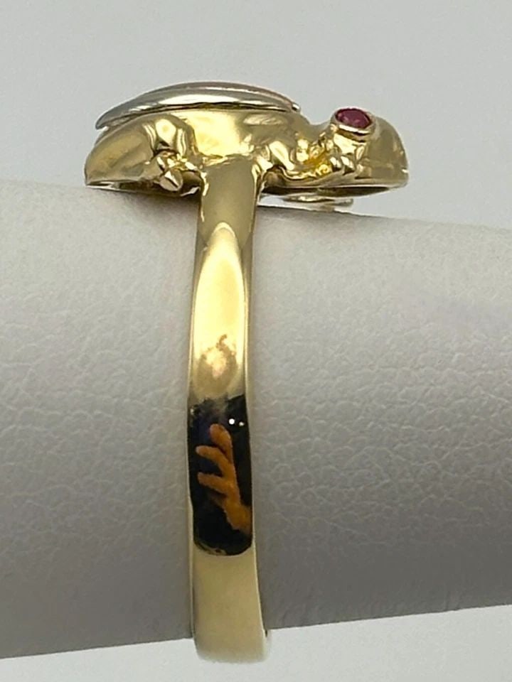 14K GOLD FROG RING, LAB CREATED RUBY EYES, THREE TONED BODY SIZE: 7.25 4.3G (1 of 2)