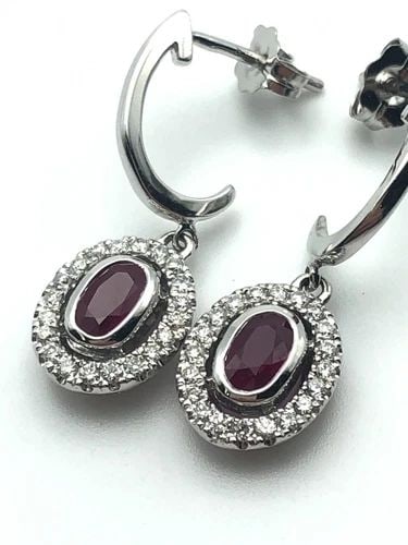 14K WHITE GOLD DANGLE EARRINGS, NATURAL RUBIES AND 0.30CTW DIAMONDS 2.6 GRAMS (1 of 2)