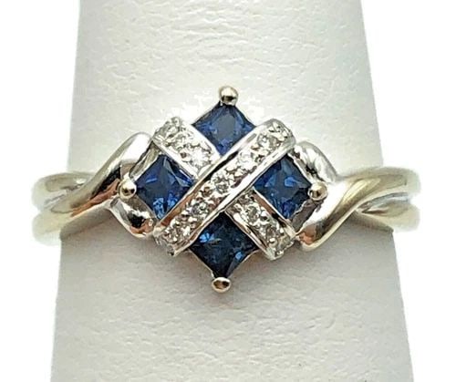 14K WHITE GOLD RING, NATURAL SAPPHIRE, 0.13CTW DIAMONDS (SIZE 6.5) 3.3 GRAMS (1 of 2)