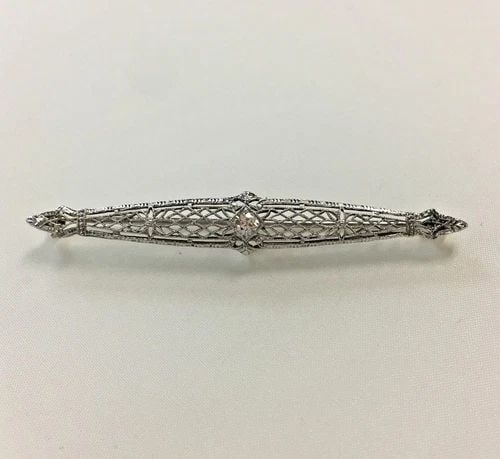 14K WHITE GOLD FILIGREE STYLE PIN/BROOCH WITH 0.15CT DIAMOND 3G (1 of 2)