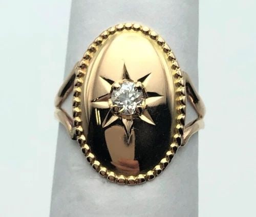 14K YELLOW GOLD OVAL RING WITH SINGLE 0.22CT NATURAL DIAMOND (SIZE 6) 2.8 GRAM (1 of 2)