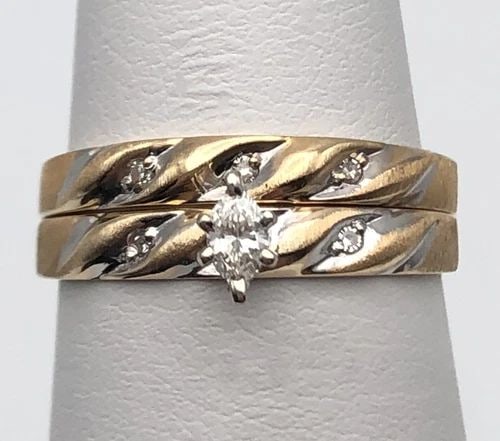 CRESCENT 14K GOLD WEDDING SET, MARQUISE CENTER, DIAMONDS (SIZE 6) 2.9 GRAMS: 14K GOLD SIMPLE WEDDING SET, 0.14CTW DIAMONDS SIZE: 6 14k Gold simple Wedding set, 0.14ctw Diamonds Condition: New, no box papers or tags Material: 14k Yellow Gold Ring Size: 6 Weight: 2.9 grams Top W