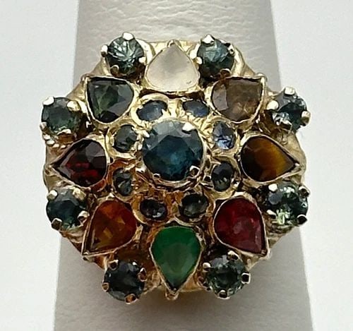 8K GOLD FILIGREE, HAREM RING WITH MULTIPLE COLORED STONES (SIZE 6 ) 4.6 GRAM: VINTAGE 8K GOLD FILIGREE STYLE HAREM RING WITH MULTIPLE COLORED STONES SIZE: 6 Vintage 8k Gold Filigree style Harem Ring with Multiple Colored Stones Condition: Used, broken spiral portion on bottom, 