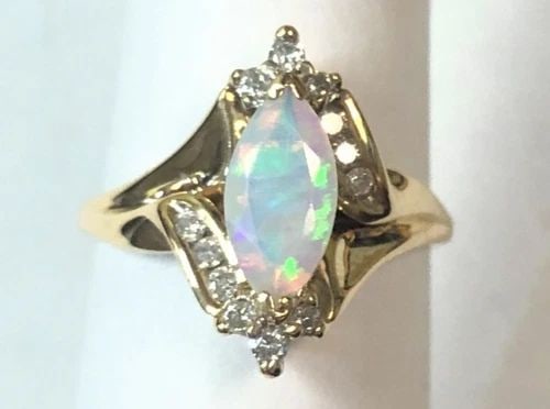 10K GOLD RING, MARQUISE NATURAL OPAL, 0.16CTW DIAMONDS (SIZE 6.5) 2.3 GRAM (1 of 2)