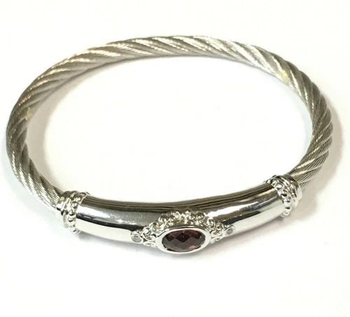 GABRIEL & CO BANGLE 925 STERLING SILVER, STEEL WIRE, WITH GARNET ( 6.5 INCH ): GABRIEL & CO BRACELET 925 STERLING SILVER STAINLESS STEEL WITH GARNET Gabriel & Co bracelet 925 Sterling Silver Stainless Steel with Garnet You are bidding on a Gabriel & Co bracelet 925 Sterling Silv