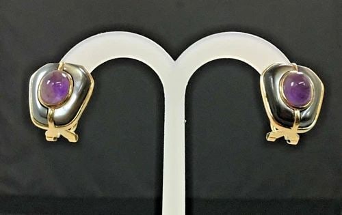 KYLO 925 SILVER EARRINGS GOLD FILLED WITH AMETHYST AND SHELL (1 of 2)