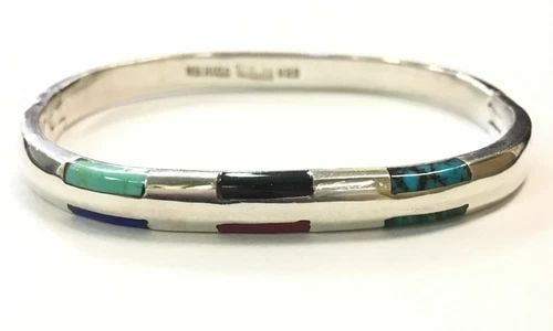 925 STERLING SILVER MEXICO SILVER MULTI STONE BANGLE (7 INCH) 32.8 GRAMS (1 of 2)