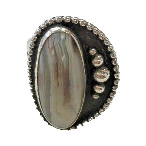 CUSTOM MADE STERLING SILVER RING WITH GREY AGATE STONE SIZE: 6.5 11.1G (1 of 2)