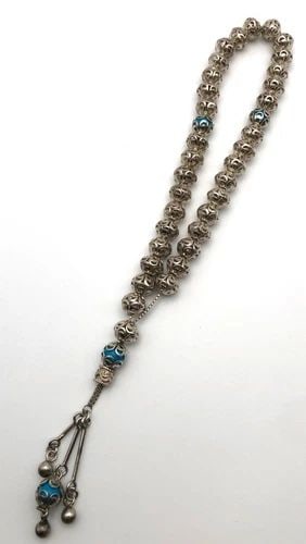 875 SILVER PRAYER BEADS WITH BLUE ENAMELED BEAD ACCENTS 37.9 GRAMS (1 of 2)