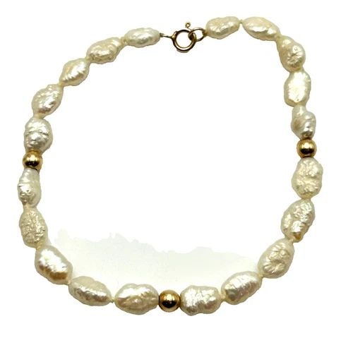 FRESHWATER PEARL BRACELET WITH 14K GOLD CLASP & BEADS ( 7 INCH ) 4.3 GRAM: FRESHWATER PEARL BRACELET WITH 14K GOLD CLASP & BEADS 7 INCHES 4.3 GRAMS Freshwater Pearl Bracelet with 14k Gold Clasp & Beads Condition: Used, has been fully checked and inspected Material: 14k Gold 