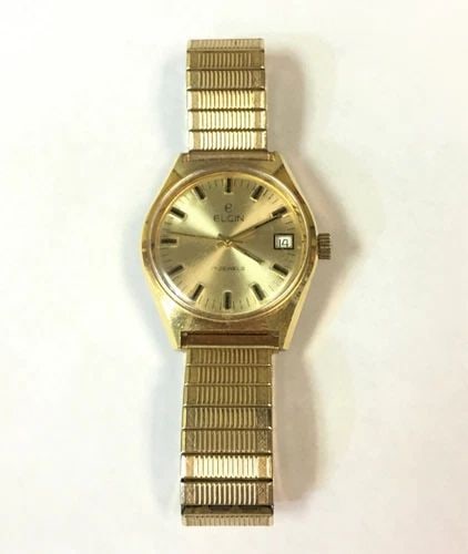 ELGIN 17 JEWELS WATCH YELLOW GOLD TONED WITH STRETCHY BAND 33MM CASE (1 of 2)