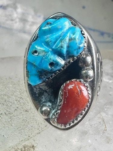 VINTAGE FROG RING TURQUOISE CORAL NAVAJO SIZE 10.50 STERLING SILVER WOMEN MEN (1 of 2)