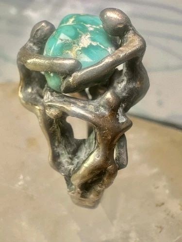 BRUTALIST RING TURQUOISE FIGURATIVE SIZE 7 STERLING SILVER WOMEN MEN (1 of 2)