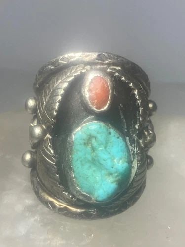 TURQUOISE CORAL RING NAVAJO STERLING SILVER WOMEN MEN SIZE 9.25 (1 of 2)