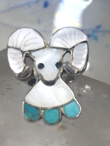 RAM RING BY JOE ZUNIE ZUNI LEAF FEATHER TURQUOISE MOP SIZE 5 STERLING SILVER WOM (1 of 2)