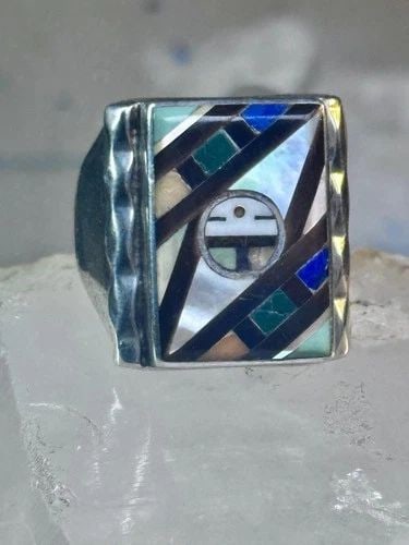 ZUNI RING SUN FACE LAPIS MOTHER OF PEARL TURQUOISE SIZE 10.50 STERLING SILVER WO: ZUNI RING SUN FACE LAPIS MOTHER OF PEARL TURQUOISE SIZE 10.50 STERLING SILVER WO Zuni Ring sun face lapis mother of pearl turquoise size 10.50 sterling silver women men Size 10.50 Between a size 10.50