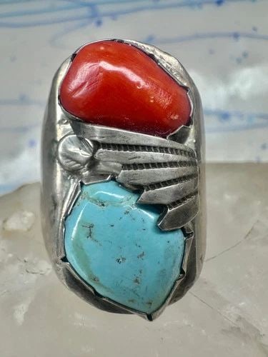 NAVAJO RING SIZE 12.50 TURQUOISE CORAL BAND STERLING SILVER WOMEN MEN: Navajo ring size12.50 turquoise coral band sterling silver women men Size 12.50 Weight. 40.2g Length 1 3/8" Width. 3/4" Thinnest part of band 1/4"