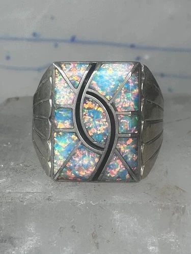 LAB OPAL RING SIZE 12 N LEE NAVAJO HUMMINGBIRD STERLING SILVER MEN WOMEN: Lab Opal ring size 12 N Lee Navajo hummingbird sterling silver men women Size 12 Weight 14.6g length 3/4" Width. 3/4" Thinnest part of band 1/2"