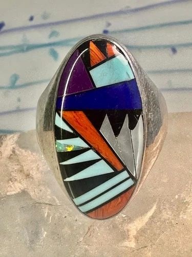 ZUNI RING TURQUOISE SPINY OYSTER OPAL ONYX BAND SIZE 9.50 STERLING SILVER WOMEN: ZUNI RING TURQUOISE SPINY OYSTER OPAL ONYX BAND SIZE 9.50 STERLING SILVER WOMEN Zuni ring Turquoise spiny oyster opal onyx band size 9.50 sterling silver women men Size 9.50 Weight. 18.6g Length 1 1/8