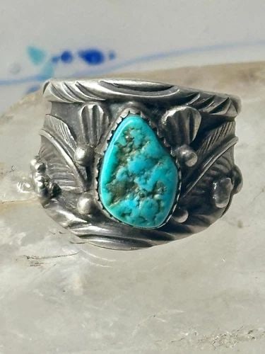 LONG NAVAJO RING TURQUOISE BAND LEAVES C. LEWIS STERLING SILVER SIZE 8.2 WOMEN M (1 of 2)