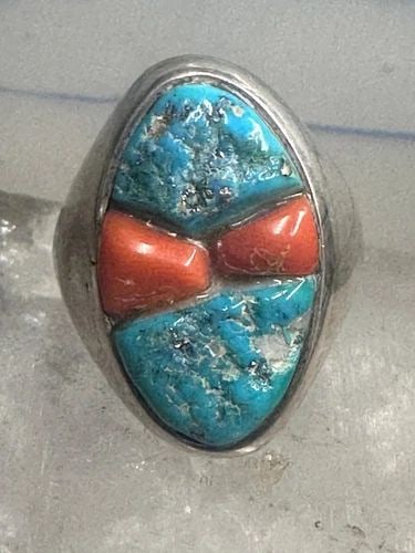 NAVAJO RING TURQUOISE CORAL NATURAL COBBLESTONE SIZE 12 STERLING SILVER WOMEN ME (1 of 2)