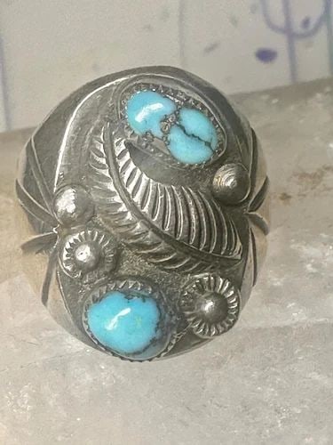 NAVAJO RING TURQUOISE FEATHER LEAF SIGN J SILVERSMITH SIZE 11 STERLING SILVER WO (1 of 2)