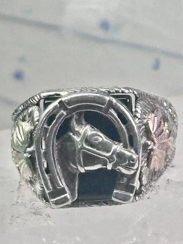 BLACK HILLS GOLD RING HORSE HORSESHOE GOOD LUCK ONYX BAND SIZE 10 COWBOY STERLIN: BLACK HILLS GOLD RING HORSE HORSESHOE GOOD LUCK ONYX BAND SIZE 10 COWBOY STERLIN Black Hills Gold Ring horse horseshoe good luck onyx band size 10 cowboy sterling silver women men 12K over sterling si