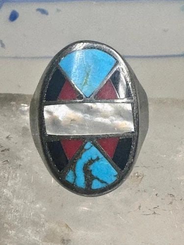 ZUNI RING TURQUOISE CORAL ONYX MOP SIZE 12.50 STERLING SILVER WOMEN MEN (1 of 2)