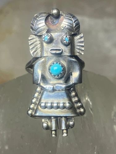KACHINA RING TURQUOISE NAVAJO STERLING SILVER WOMEN: KACHINA RING TURQUOISE NAVAJO STERLING SILVER WOMEN Kachina ring turquoise Navajo sterling silver women Size 6 Weight 6.2g Length 1 1/2" Width 5/8" Thinnest part 1/8"