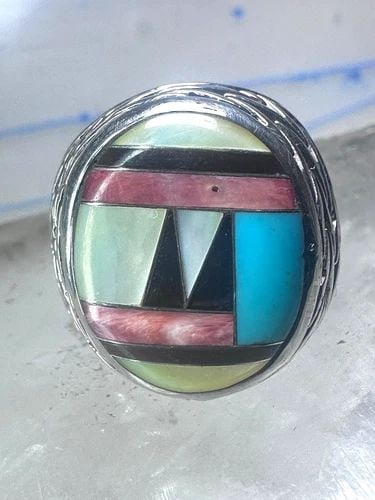 ZUNI RING TURQUOISE ONYX MOP LEAVES BAND SIZE 8.2 STERLING SILVER WOMEN MEN SIGN (1 of 2)