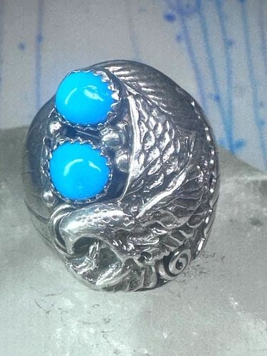 NAVAJO TURQUOISE EAGLE RING VINTAGE HEAVY BAND STERLING SILVER SIZE 11.7 MEN: NAVAJO TURQUOISE EAGLE RING VINTAGE HEAVY BAND STERLING SILVER SIZE 11.7 MEN Navajo turquoise Eagle ring vintage heavy band sterling silver size 11.75 women men Size 11.75 Between a size 11.75 and a s