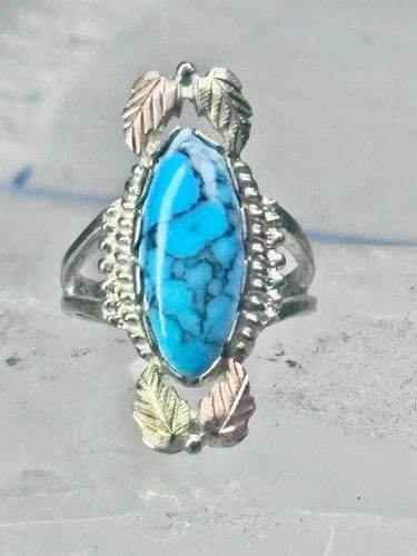 BLACK HILLS GOLD RING LONG TURQUOISE LEAVES BAND SIZE 7.50 STERLING SILVER WOMEN: BLACK HILLS GOLD RING LONG TURQUOISE LEAVES BAND SIZE 7.50 STERLING SILVER WOMEN Black Hills Gold Ring long vintage turquoise leaves band size 7.50 sterling silver women girls 12K over sterling silver