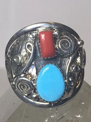 NAVAJO RING SIZE 10 TURQUOISE CORAL STERLING SILVER SOUTHWEST WOMEN MEN: NAVAJO RING SIZE 10 TURQUOISE CORAL STERLING SILVER SOUTHWEST WOMEN MEN Navajo ring turquoise coral sterling silver southwest women men Size 10 Weight 10.2g Length. 1" Thinnest part. 3/16"