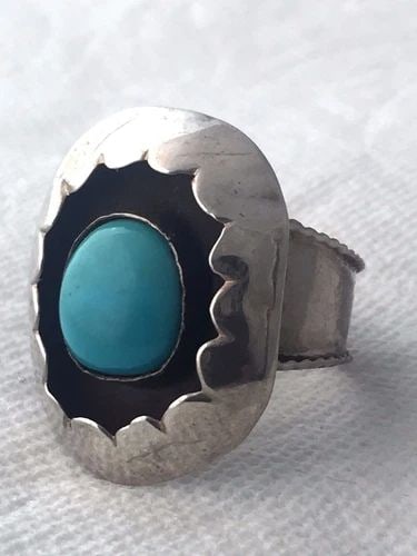 VINTAGE STERLING SILVER SOUTHWEST LARGE TURQUOISE SHADOW BOX RING SIZE 11 8.8G (1 of 2)